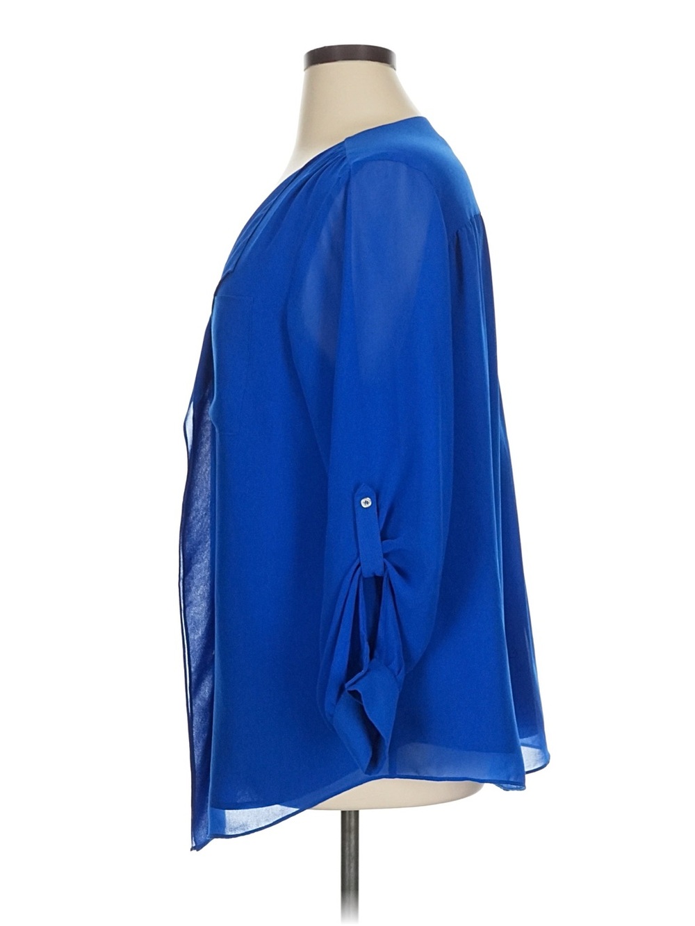 Calvin Klein Sheer V-Neck Blouse in Cobalt Blue - Picture 3 of 5